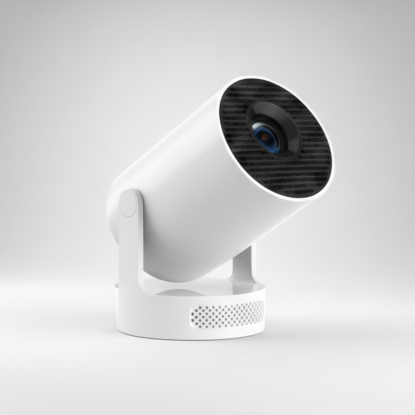 An angled, three-quarter view studio shot of a white, adjustable cylindrical smart device, likely a mini portable projector or home security camera. The device is tilted upward on its stand, revealing the front lens, which is set within a black, textured grille. The circular base includes a perforated speaker/microphone area. The clean, bright aesthetic against the neutral white background highlights the sleek, modern design and functionality, optimizing for keywords like smart projector, wireless camera,