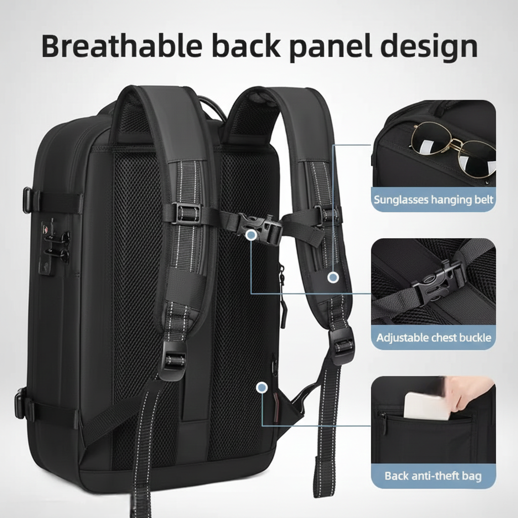 A product image showcasing the features of a black travel or laptop backpack with the text "Breathable back panel design" across the top. The main image is a rear view highlighting the padded mesh back panel and ergonomic shoulder straps. Three inset close-ups detail key features: 1) A "Sunglasses hanging belt" loop on a shoulder strap. 2) An "Adjustable chest buckle" (sternum strap). 3) A hand accessing a zippered "Back anti-theft bag" (hidden pocket). This image is optimized for keywords such as ergonomi