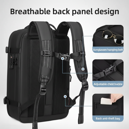 A product image showcasing the features of a black travel or laptop backpack with the text "Breathable back panel design" across the top. The main image is a rear view highlighting the padded mesh back panel and ergonomic shoulder straps. Three inset close-ups detail key features: 1) A "Sunglasses hanging belt" loop on a shoulder strap. 2) An "Adjustable chest buckle" (sternum strap). 3) A hand accessing a zippered "Back anti-theft bag" (hidden pocket). This image is optimized for keywords such as ergonomi