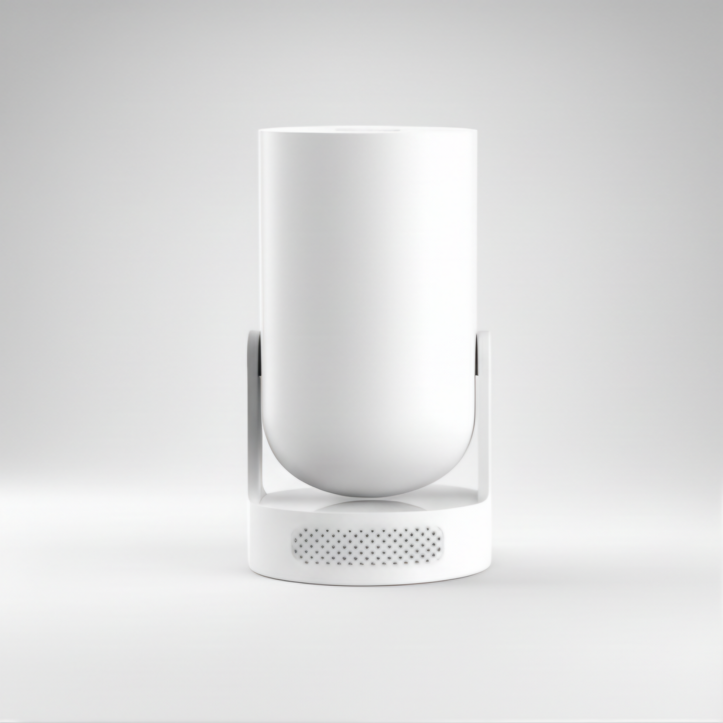 A centered studio shot of a white, cylindrical smart home device, possibly a portable speaker, mini projector, or security camera. The smooth, rounded cylinder is mounted on a slim, slightly darker grey bracket that connects it to a circular base. The base features a perforated grille, indicating an integrated speaker or microphone. The image is clean and minimalist against a neutral white background, optimizing for terms like minimalist tech design, smart audio device, wireless speaker, modern home electr