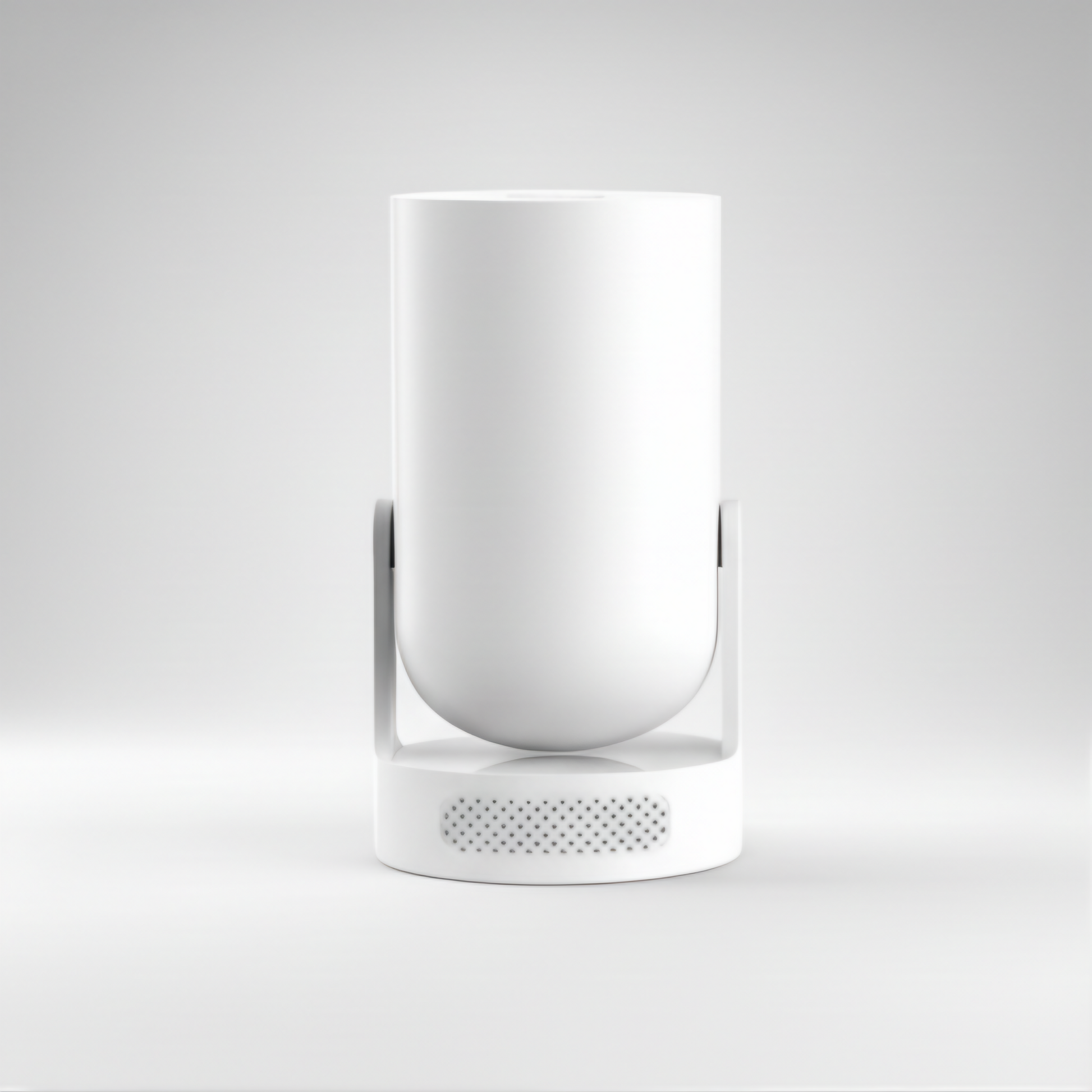 A centered studio shot of a white, cylindrical smart home device, possibly a portable speaker, mini projector, or security camera. The smooth, rounded cylinder is mounted on a slim, slightly darker grey bracket that connects it to a circular base. The base features a perforated grille, indicating an integrated speaker or microphone. The image is clean and minimalist against a neutral white background, optimizing for terms like minimalist tech design, smart audio device, wireless speaker, modern home electr