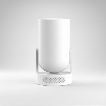 A centered studio shot of a white, cylindrical smart home device, possibly a portable speaker, mini projector, or security camera. The smooth, rounded cylinder is mounted on a slim, slightly darker grey bracket that connects it to a circular base. The base features a perforated grille, indicating an integrated speaker or microphone. The image is clean and minimalist against a neutral white background, optimizing for terms like minimalist tech design, smart audio device, wireless speaker, modern home electr