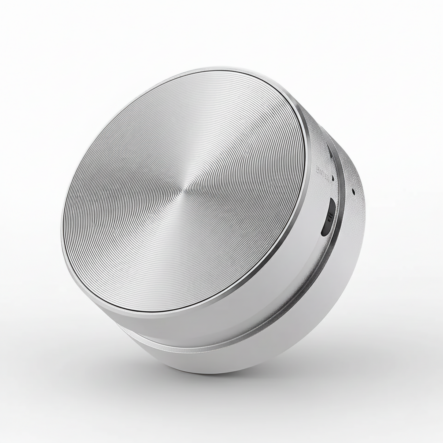 Silver spherical object on a white background