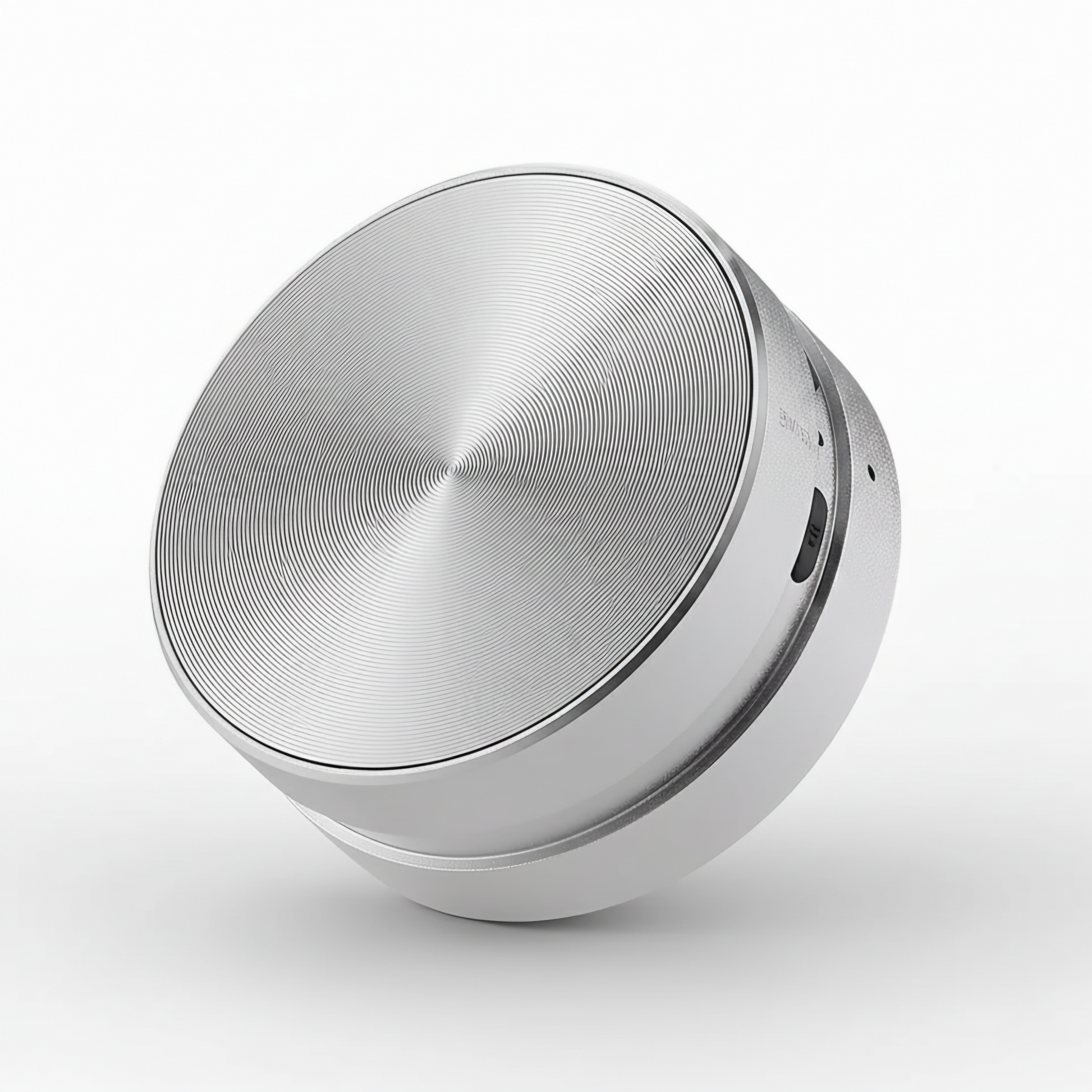 Silver spherical object on a white background