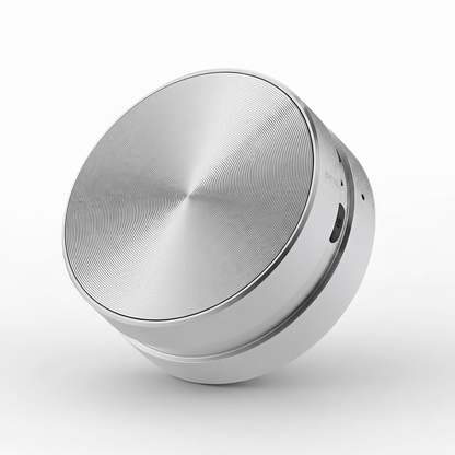 Silver spherical object on a white background