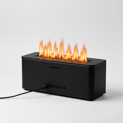 Black rectangular fire pit with flames on a white background