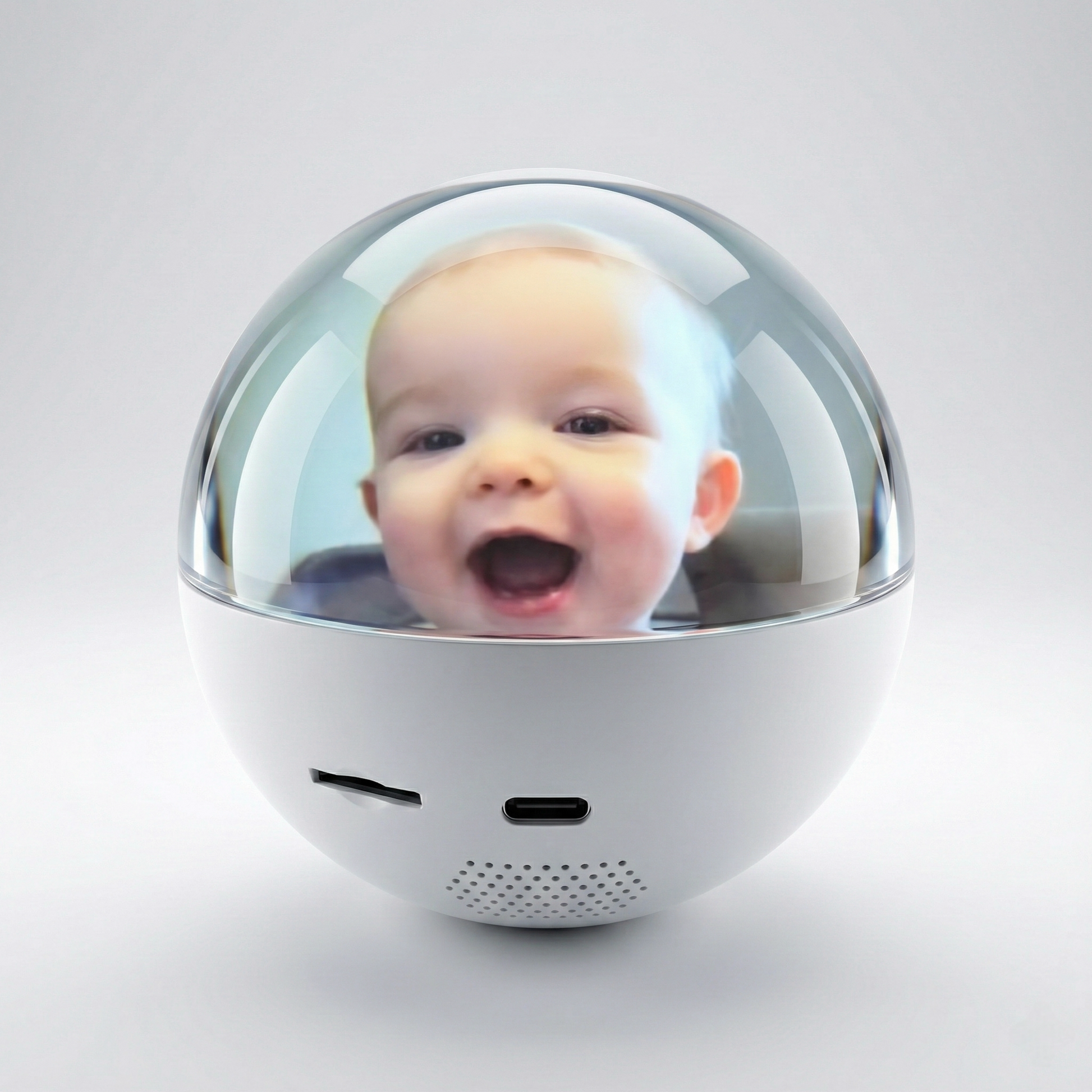 A centered studio shot of a white, spherical smart home device, possibly a smart speaker or baby monitor, featuring a prominent clear dome on top. The dome displays a bright, smiling, and happy baby's face projected onto the internal screen or sphere, giving a holographic effect. The white base includes a MicroSD card slot, a USB-C port, and a small, perforated speaker grille at the bottom. This image is highly optimized for keywords such as spherical smart display, holographic photo projector, smart baby 