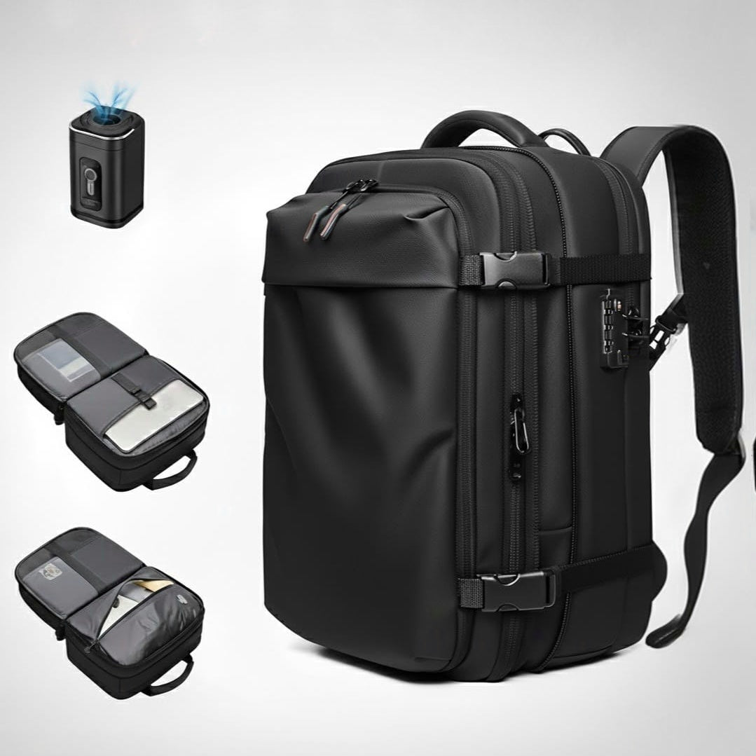 A composite image showcasing a multifunctional black travel backpack and its features. The main focus is the angled view of the water-resistant backpack, highlighting its structured, rectangular shape, compression straps with buckles, and a side-mounted TSA-friendly lock. Three smaller inset images display: 1) A closed, small black device with blue light emission (possibly a power bank or air purifier). 2) The open main compartment, showing organized sleeves for a laptop and tablet. 3) The open secondary c