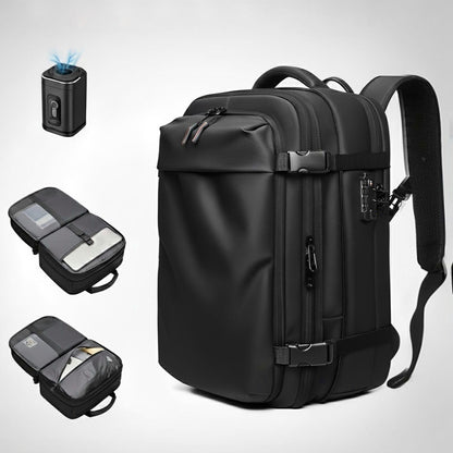 A composite image showcasing a multifunctional black travel backpack and its features. The main focus is the angled view of the water-resistant backpack, highlighting its structured, rectangular shape, compression straps with buckles, and a side-mounted TSA-friendly lock. Three smaller inset images display: 1) A closed, small black device with blue light emission (possibly a power bank or air purifier). 2) The open main compartment, showing organized sleeves for a laptop and tablet. 3) The open secondary c