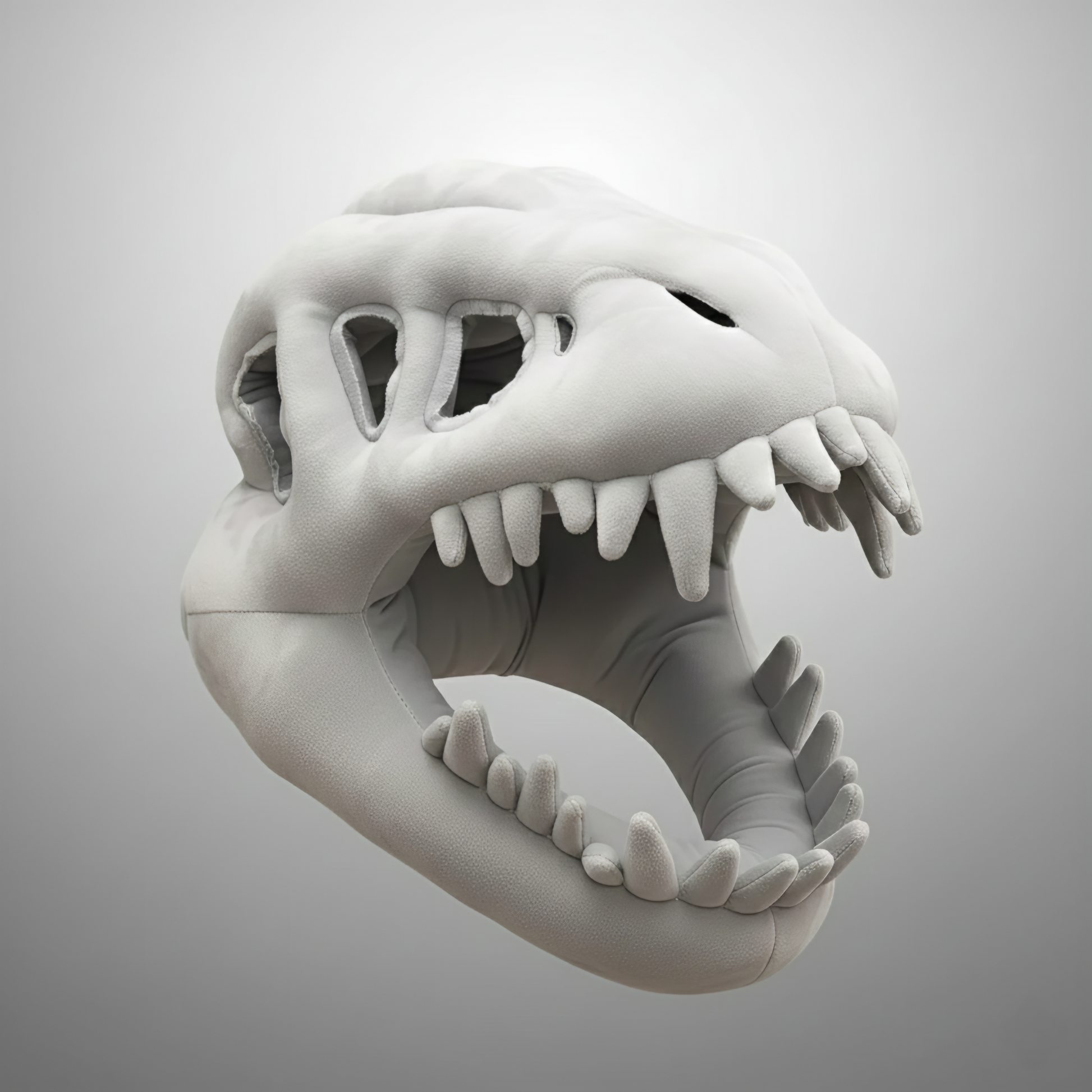 A close-up studio shot of a plush grey dinosaur skull mask or headpiece, isolated against a white-to-grey gradient background. The costume accessory is intricately designed to look like a T-Rex skeleton or paleontological fossil, featuring large eye sockets, nasal openings, and a wide-open mouth displaying soft, pointed teeth. This image is valuable for dinosaur costume accessories, Halloween mask ideas, T-Rex apparel, skeleton props, and plush novelty items.