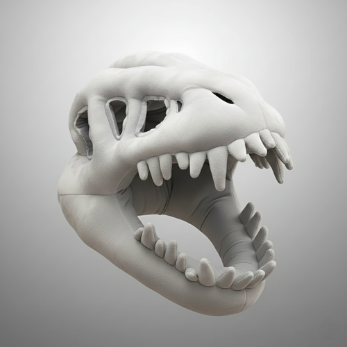 A close-up studio shot of a plush grey dinosaur skull mask or headpiece, isolated against a white-to-grey gradient background. The costume accessory is intricately designed to look like a T-Rex skeleton or paleontological fossil, featuring large eye sockets, nasal openings, and a wide-open mouth displaying soft, pointed teeth. This image is valuable for dinosaur costume accessories, Halloween mask ideas, T-Rex apparel, skeleton props, and plush novelty items.