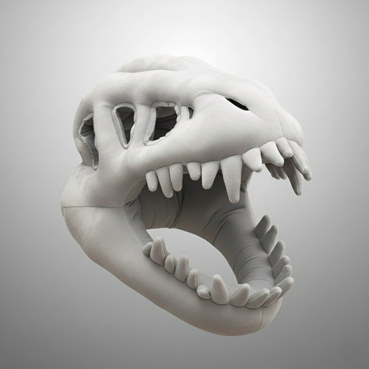 A close-up studio shot of a plush grey dinosaur skull mask or headpiece, isolated against a white-to-grey gradient background. The costume accessory is intricately designed to look like a T-Rex skeleton or paleontological fossil, featuring large eye sockets, nasal openings, and a wide-open mouth displaying soft, pointed teeth. This image is valuable for dinosaur costume accessories, Halloween mask ideas, T-Rex apparel, skeleton props, and plush novelty items.