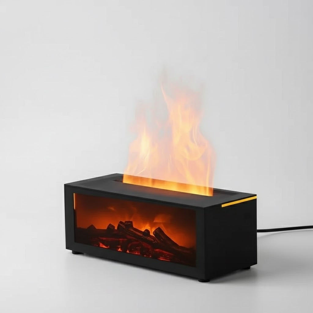 Modern electric fireplace with flames on a white background