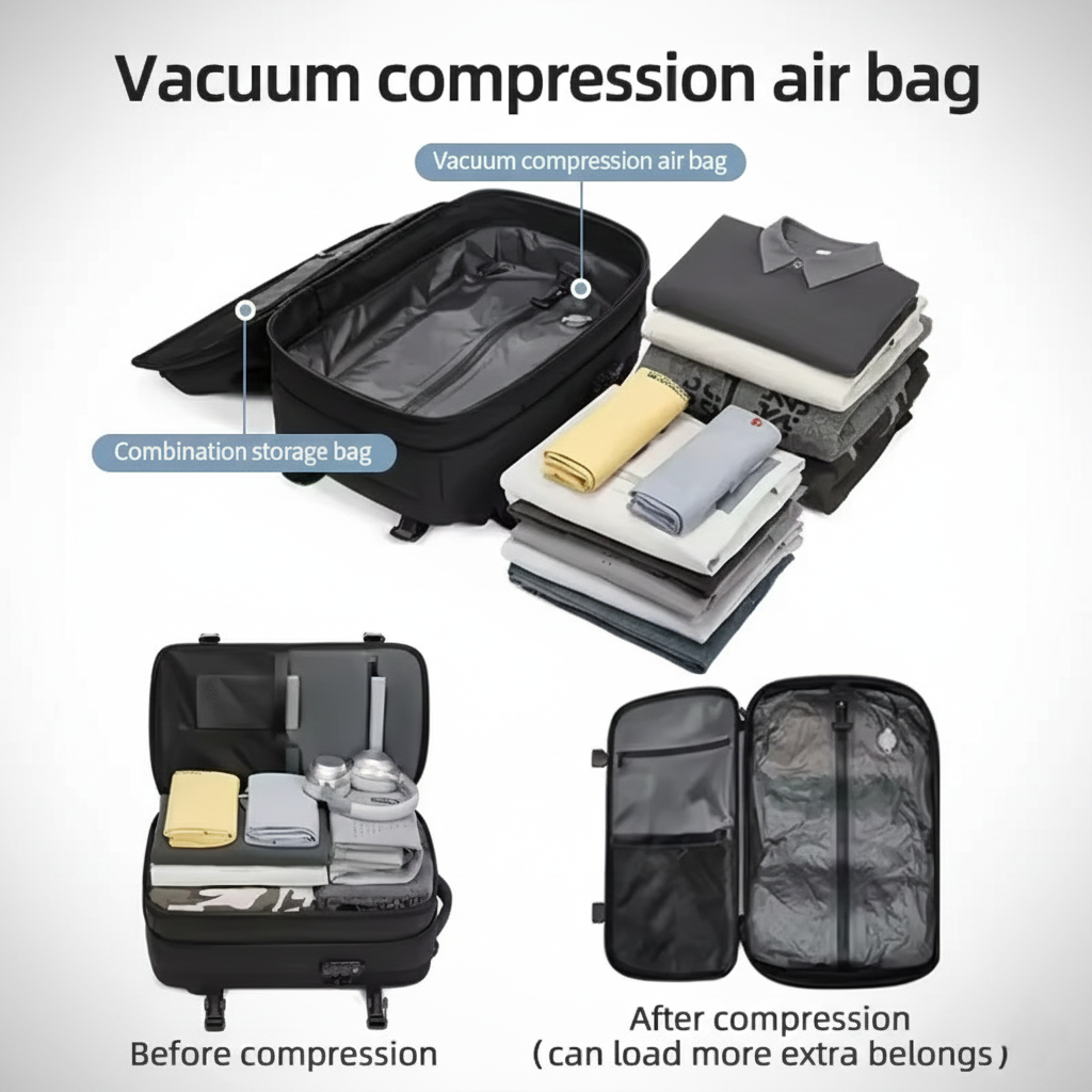 A composite product image demonstrating the functionality of a black travel backpack with a vacuum compression air bag feature. The top section shows a stack of neatly folded clothing next to the open backpack compartment, pointing out the Vacuum compression air bag and Combination storage bag. The bottom left image, labeled "Before compression," shows the compartment packed with clothing. The bottom right image, labeled "After compression (can load more extra belongs)," shows the contents visibly flattene