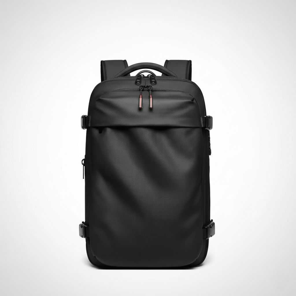 A professional, centered studio shot of a matte black travel backpack or commuter backpack against a white-to-grey gradient background. The rectangular bag features a water-resistant or durable textured shell, padded shoulder straps, a top handle, and zipper pulls with red accents. Side compression straps with black buckles are visible, emphasizing the bag's structure and capacity for laptop storage or business travel. Keywords for SEO include black travel backpack, waterproof laptop bag, minimalist backpa