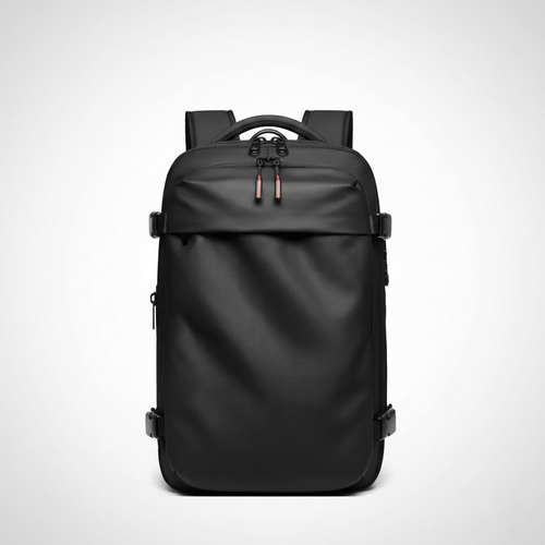 A professional, centered studio shot of a matte black travel backpack or commuter backpack against a white-to-grey gradient background. The rectangular bag features a water-resistant or durable textured shell, padded shoulder straps, a top handle, and zipper pulls with red accents. Side compression straps with black buckles are visible, emphasizing the bag's structure and capacity for laptop storage or business travel. Keywords for SEO include black travel backpack, waterproof laptop bag, minimalist backpa