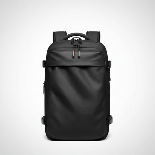 A professional, centered studio shot of a matte black travel backpack or commuter backpack against a white-to-grey gradient background. The rectangular bag features a water-resistant or durable textured shell, padded shoulder straps, a top handle, and zipper pulls with red accents. Side compression straps with black buckles are visible, emphasizing the bag's structure and capacity for laptop storage or business travel. Keywords for SEO include black travel backpack, waterproof laptop bag, minimalist backpa