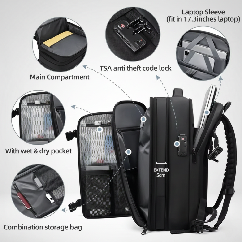 A comprehensive product feature graphic highlighting the internal and external organization of a black modular travel backpack. The main image shows the backpack open, illustrating its 5cm expansion capability and a separate TSA anti-theft code lock. Circular insets detail specific features: 1) Main Compartment (deep storage). 2) Laptop Sleeve (fits 17.3-inch laptop). 3) TSA anti-theft code lock (close-up). 4) Wet & dry pocket (mesh divider for organization). 5) Combination storage bag (pockets for passport