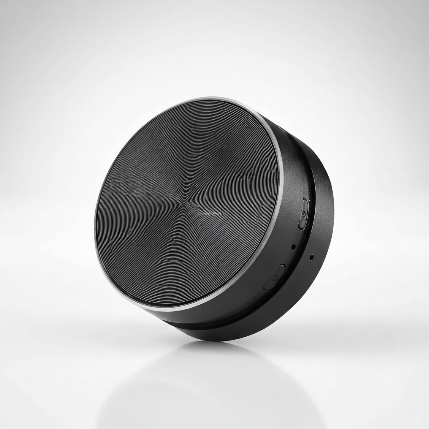 Black cylindrical speaker on a white background