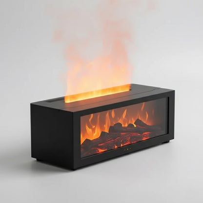 Modern black fireplace with flames on a gray background