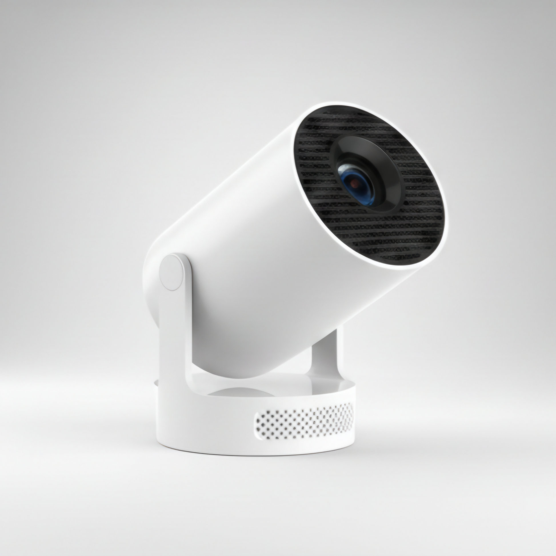 An angled, three-quarter view studio shot of a white, adjustable cylindrical smart device, likely a mini portable projector or home security camera. The device is tilted upward on its stand, revealing the front lens, which is set within a black, textured grille. The circular base includes a perforated speaker/microphone area. The clean, bright aesthetic against the neutral white background highlights the sleek, modern design and functionality, optimizing for keywords like smart projector, wireless camera, 