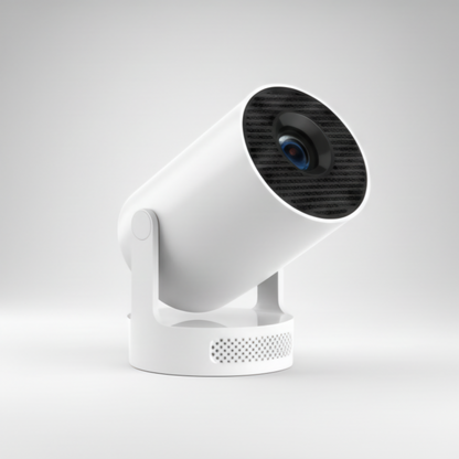 An angled, three-quarter view studio shot of a white, adjustable cylindrical smart device, likely a mini portable projector or home security camera. The device is tilted upward on its stand, revealing the front lens, which is set within a black, textured grille. The circular base includes a perforated speaker/microphone area. The clean, bright aesthetic against the neutral white background highlights the sleek, modern design and functionality, optimizing for keywords like smart projector, wireless camera, 