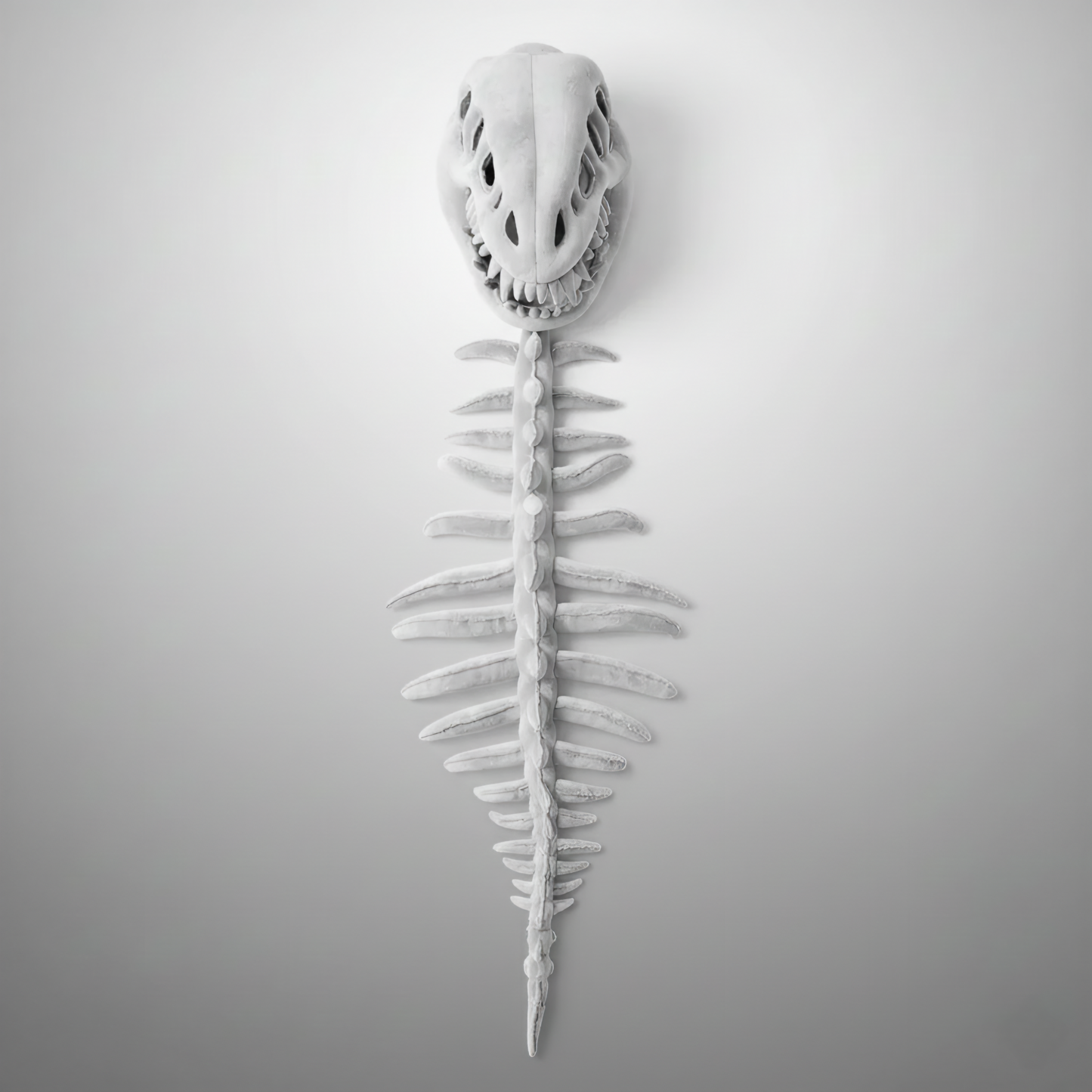 A highly detailed, vertically oriented studio shot of a plush dinosaur skeleton costume accessory laid flat against a gradient white-to-grey background. The grey plush item features a realistic T-Rex skull at the top, connected to a long, segmented vertebral column (spine) with protruding ribs running down to a tapered tail. This image is excellent for Dinosaur costume design, Halloween accessories, paleontology toys, T-Rex apparel, and bone structure representation.