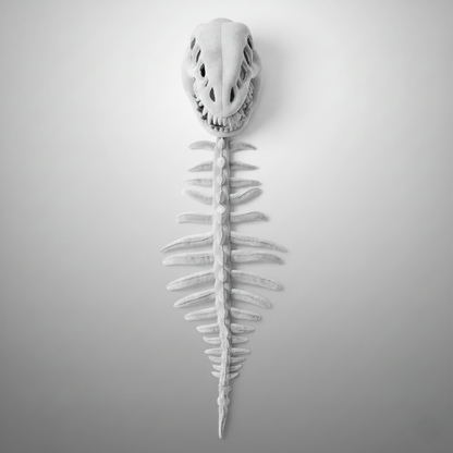 A highly detailed, vertically oriented studio shot of a plush dinosaur skeleton costume accessory laid flat against a gradient white-to-grey background. The grey plush item features a realistic T-Rex skull at the top, connected to a long, segmented vertebral column (spine) with protruding ribs running down to a tapered tail. This image is excellent for Dinosaur costume design, Halloween accessories, paleontology toys, T-Rex apparel, and bone structure representation.