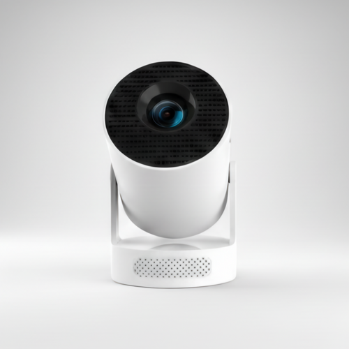 A straight-on studio shot of a white, cylindrical smart home security camera or smart projector. The device features a black front panel with a textured grille surrounding the central lens, which has a blue reflection. The main body swivels on a minimalist white stand attached to a round base that contains a series of small speaker or microphone holes near the bottom. This image is optimized for keywords such as home security camera, smart device, indoor camera, wireless projector, modern electronics, and 